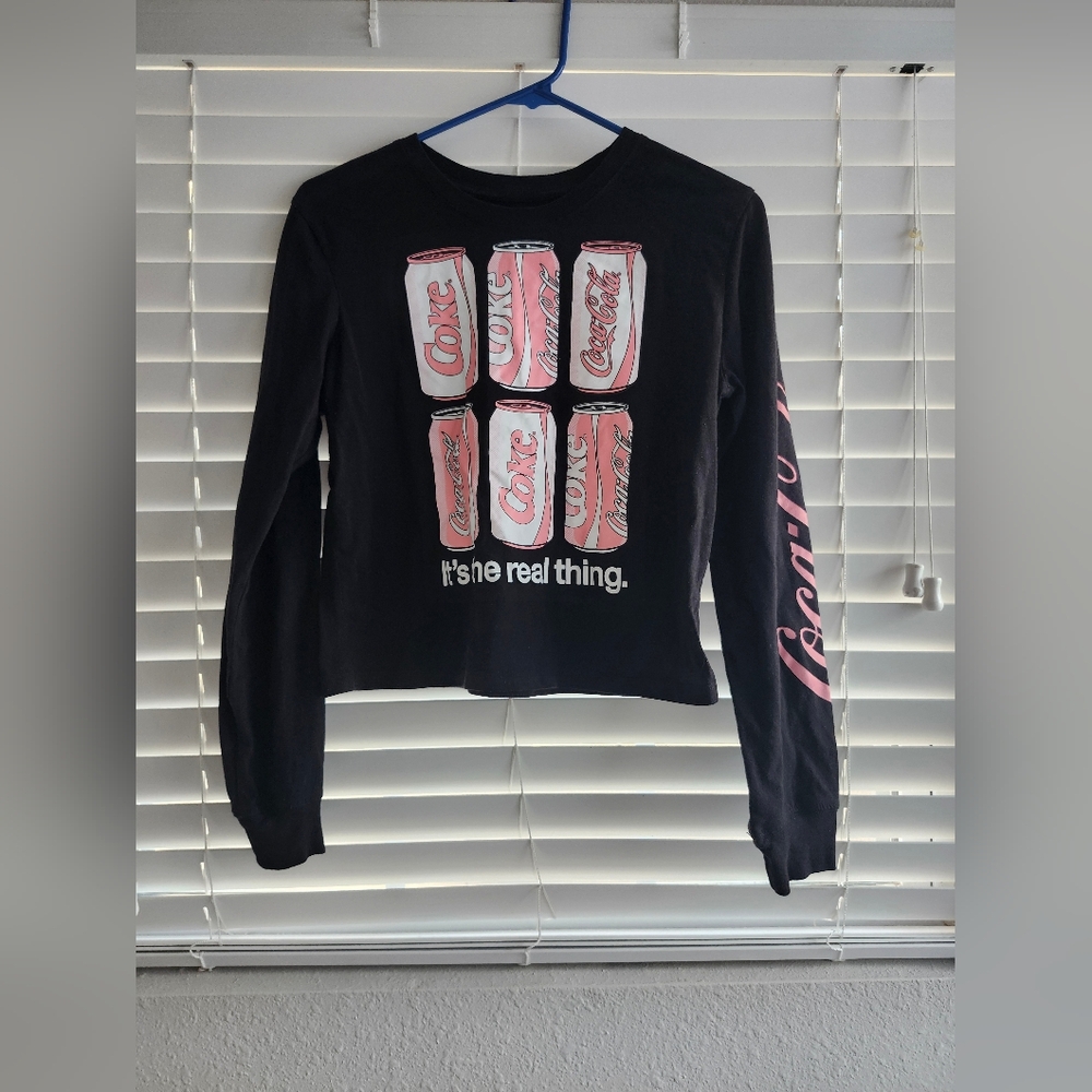 Womens S Pink and Black Coca-Cola Cropped Long Sleeve Shirt
